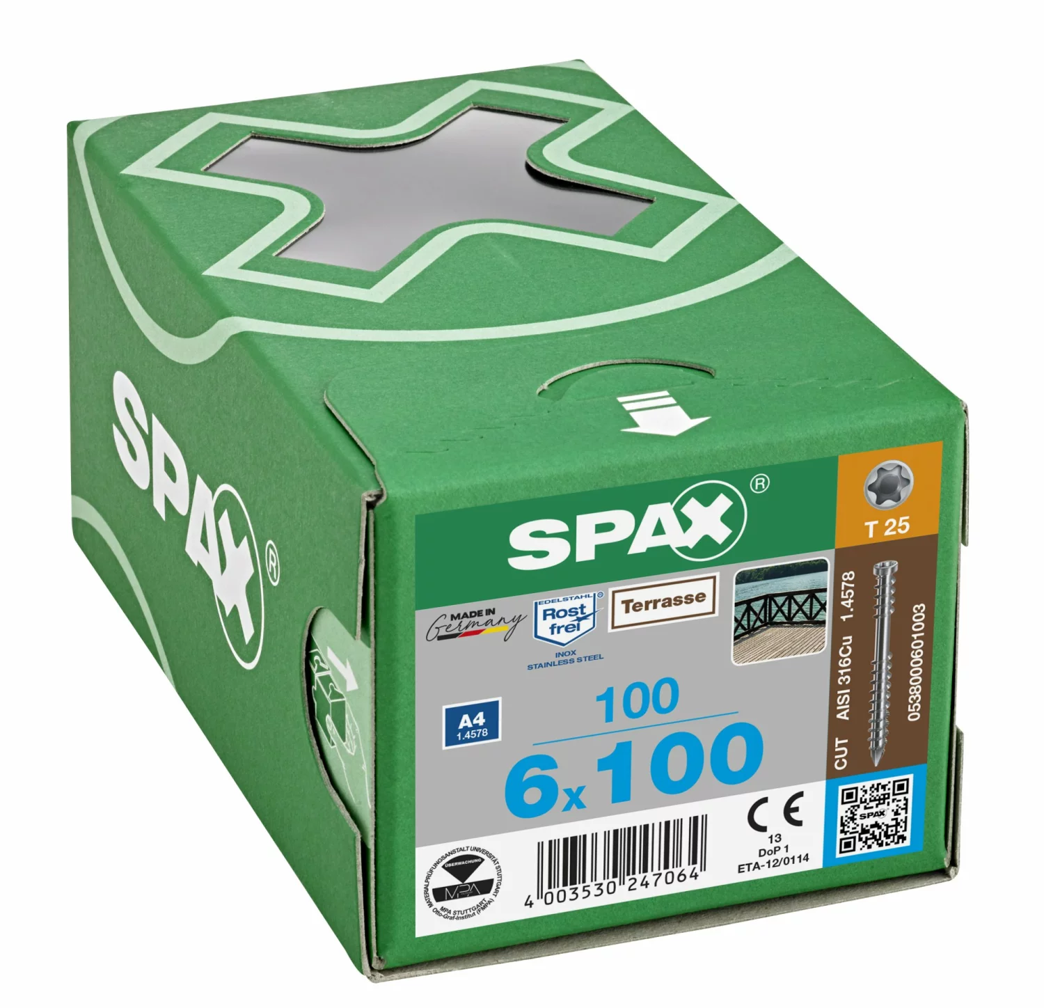 SPAX 538000601003 - Vis terrasse, 6 x 100 mm, 100 pièces, Filetage de fixation, Tête cylindrique, T-STAR plus T25, Pointe CUT, Acier inoxydable A4-image