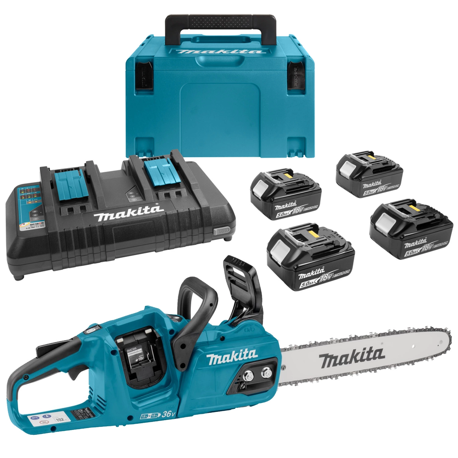Makita DUC355PT4J LXT 2x18V Li-Ion accu kettingzaag set (4x 5.0Ah) - 35cm-image