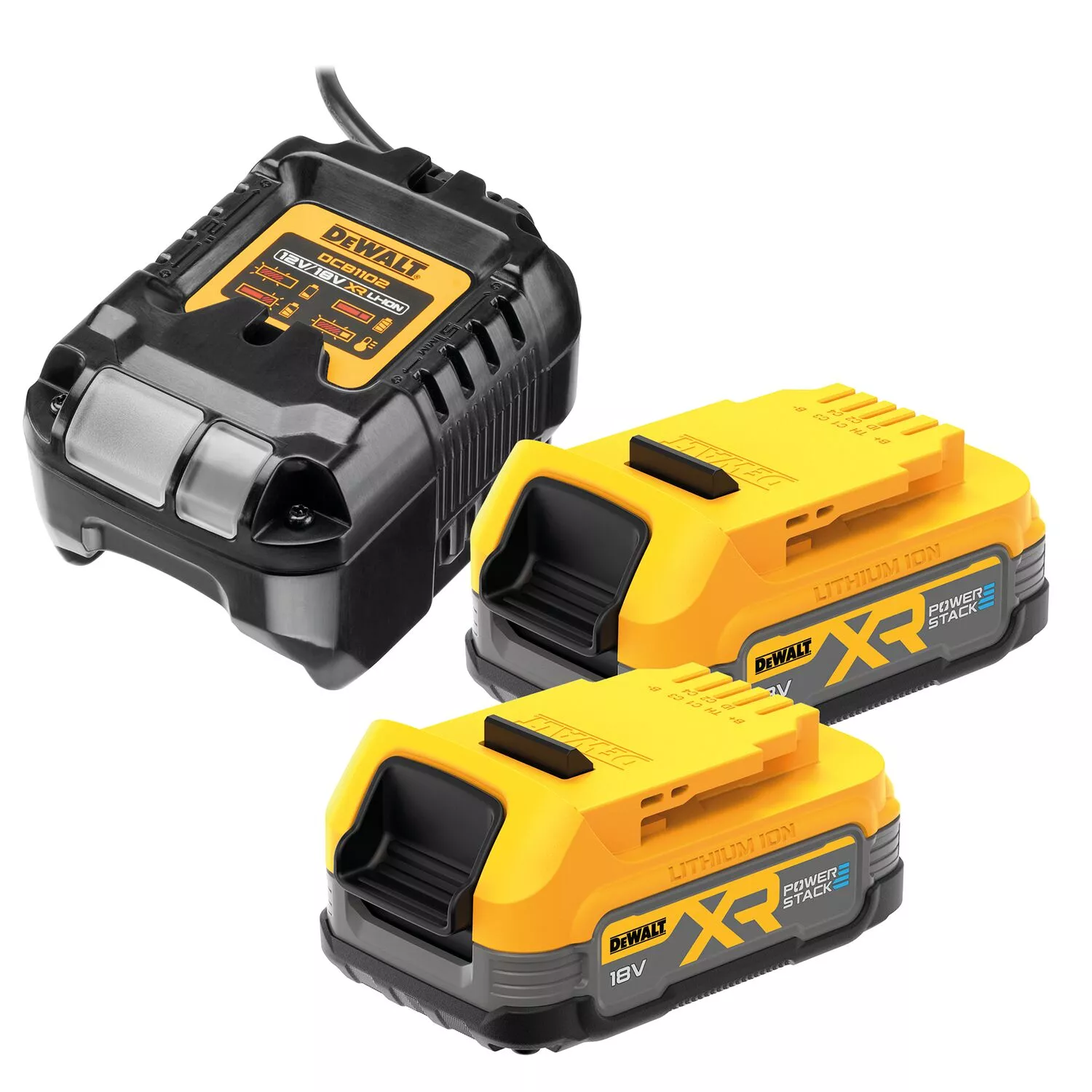 DeWALT DCB1102E2 Kit de démarrage batterie Li-ion 18V (2x 1.7Ah POWERSTACK™) + chargeur-image