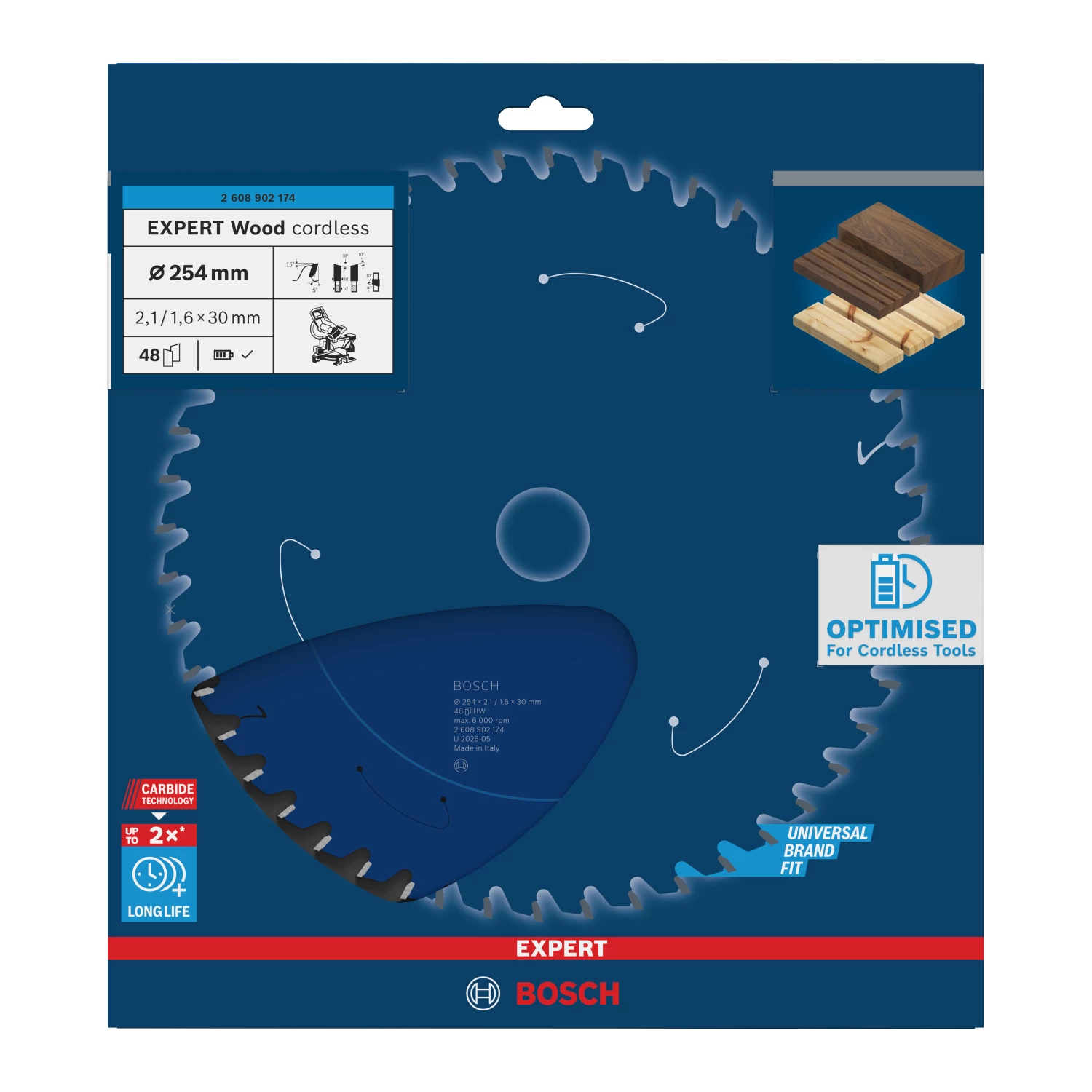 Bosch 2608902174 EXPERT lame de scie circulaire sans fil pour bois - 254 x 30 x 48D