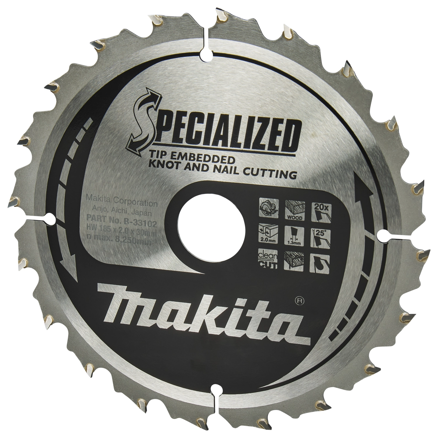 Makita B-33102 Lame de scie circulaire pour bois (nœuds/clous) - 185 x 30 x 2,0 mm 20D