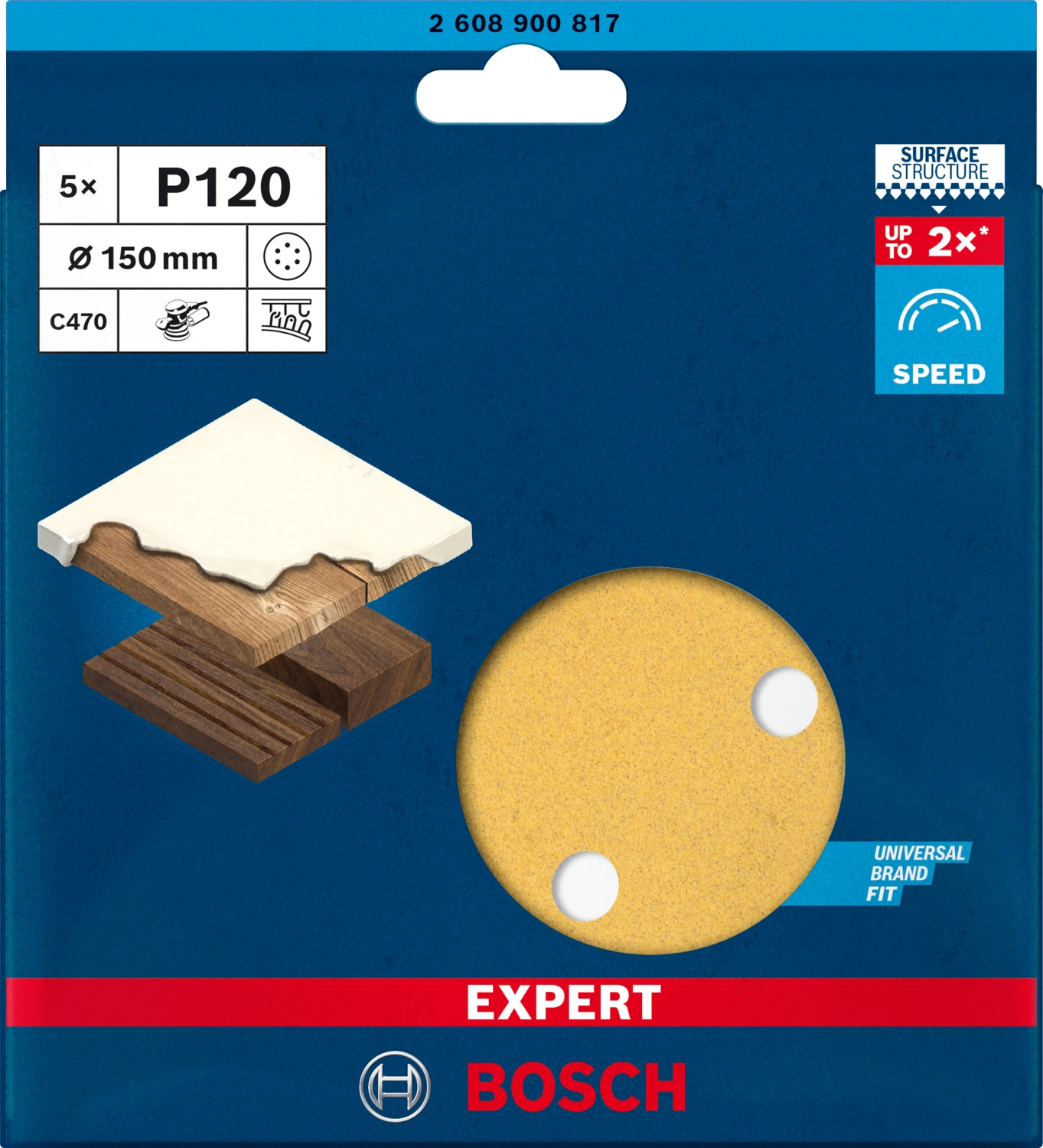 Bosch EXPERT 2608900817 - EXPERT Abrasif C470 Best for Wood and Paint, diamètre 150 mm, grain 120, 6 trous, 5x-image