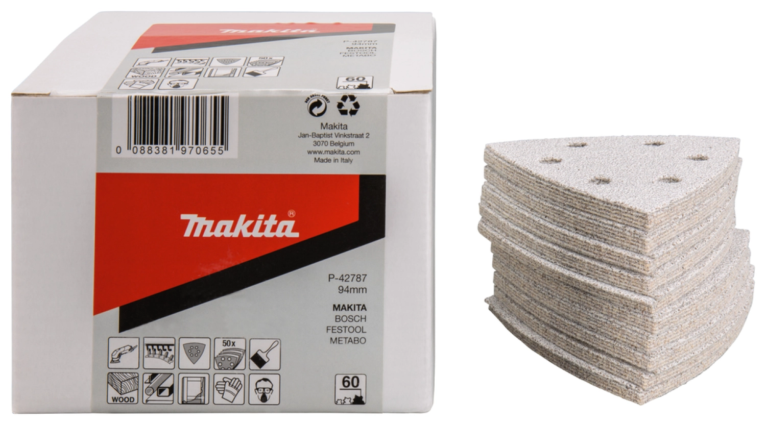 50 feuilles abrasives Delta Makita P -42787 - 94 x K60 - Métaux non-ferreux-image