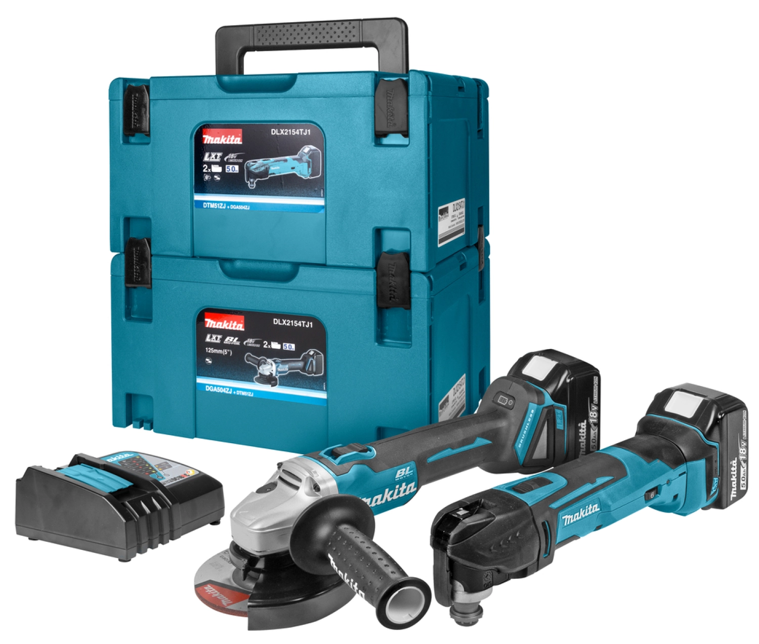 Makita DLX2154TJ1 - 2 outils sans-fil - 18V Li-ion - Meuleuse d'angle (DGA504) & Outil mutlifonctions (DTM51) - 2 batteries 5,0 Ah - 2 MAKPAC-image