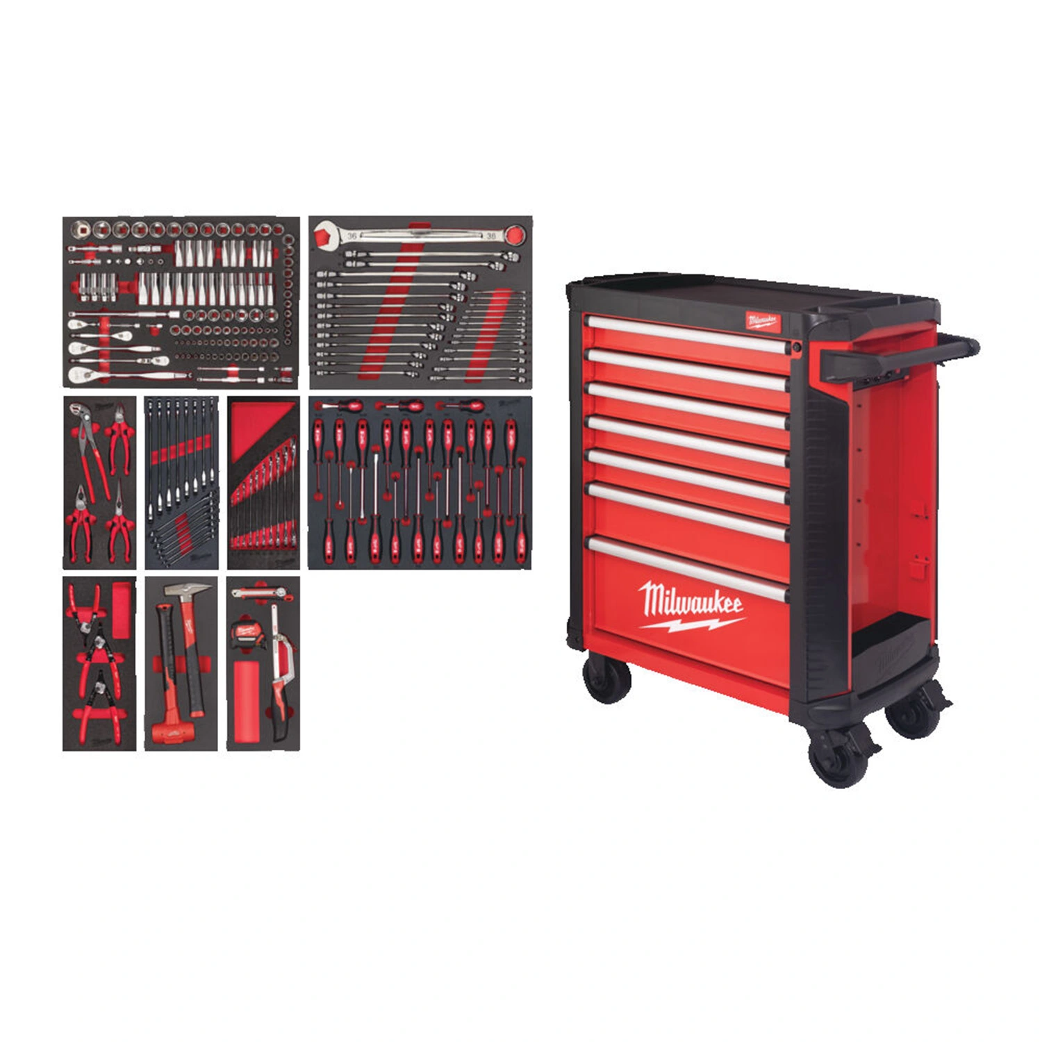 Milwaukee 4932498185 TOOLGUARD Chariot à outils en acier rempli - 206 pièces - 7 tiroirs - 30" / 78 cm