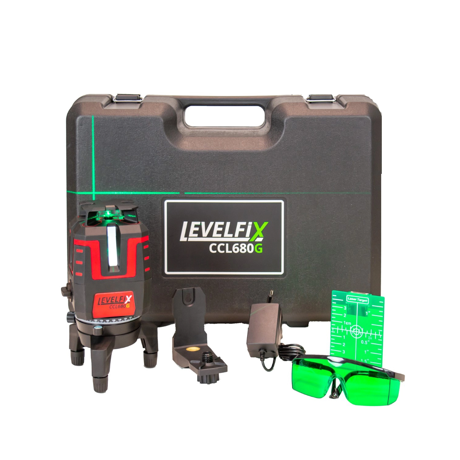 Levelfix CCL680G Kit laser à croix 360° dans une mallette - vert - 40 m - 360° horizontal + 4 lignes verticales - IP53-image