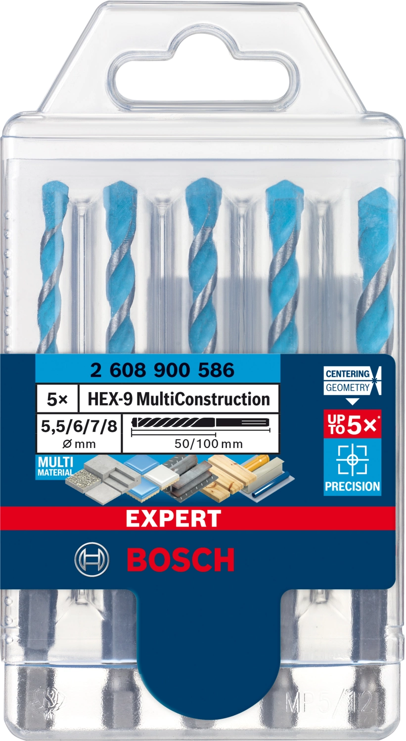 Bosch 2608900586 EXPERT Jeu de 5 forets HEX-9 - MultiConstruction - 5,5/6/6/7/8 mm-image