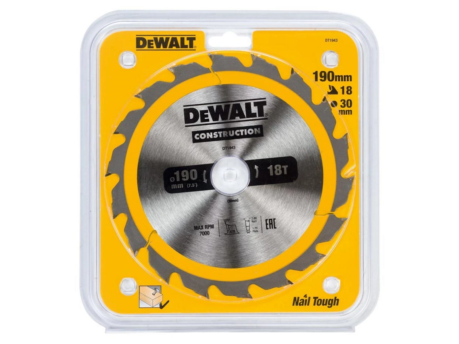 DeWALT DT1943 Circular Saw Blade - 190 x 30 x 18T - Wood (avec ongles)-image