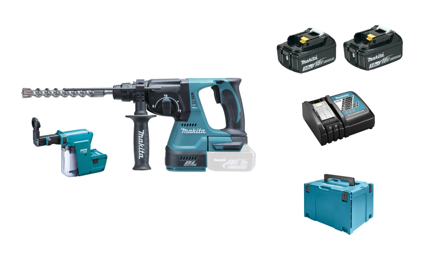 Makita DHR243RFJV 18V Li-Ion Accu SDS-plus combihamer incl. snelspanboorkop en stofafzuiging set (2x 3.0Ah accu) in Mbox - 2J - koolborstelloos-image