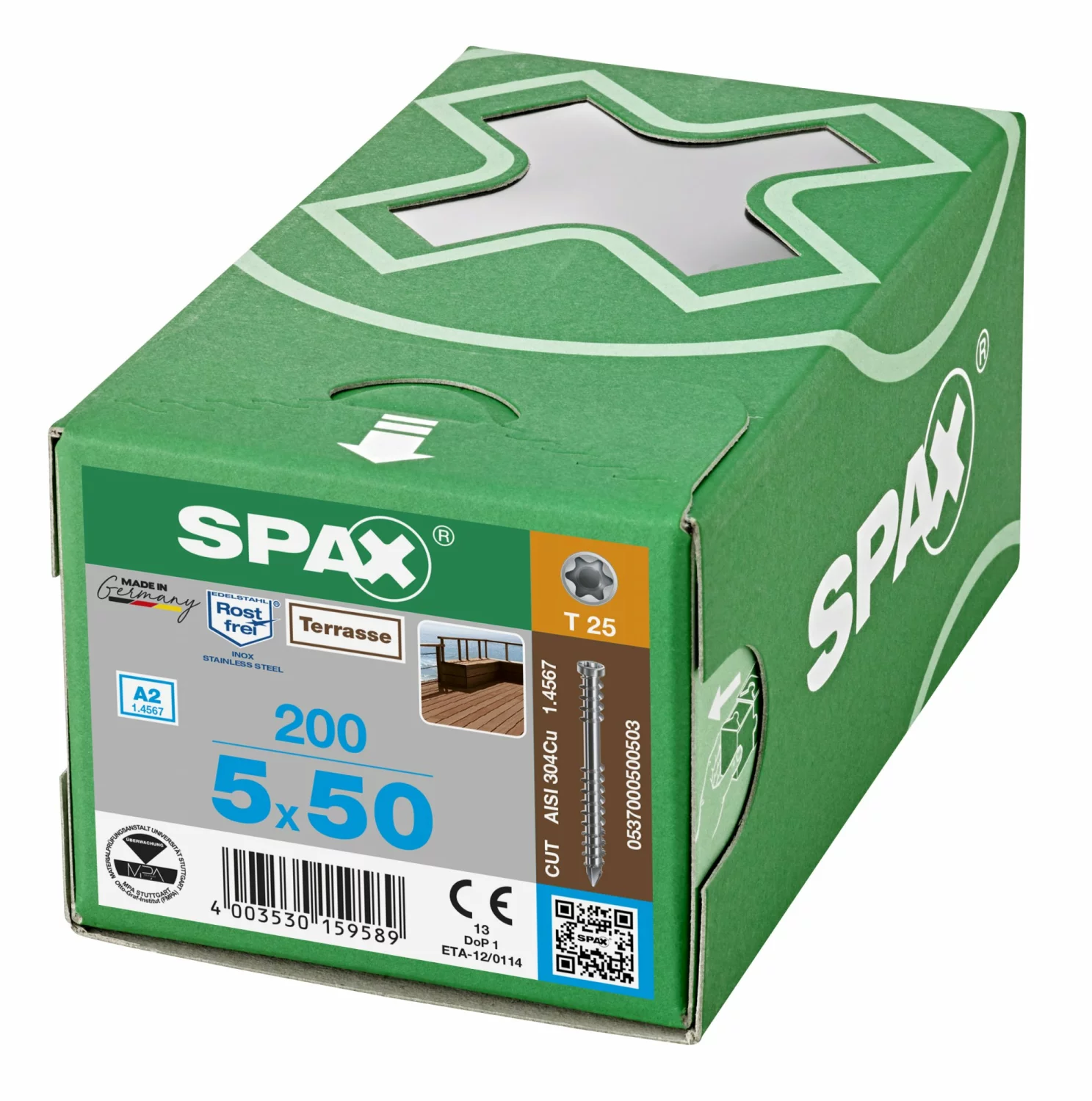 SPAX 537000500503 - Vis terrasse, 5 x 50 mm, 200 pièces, Filetage de fixation, Tête cylindrique, T-STAR plus T25, Pointe CUT, Acier inoxydable A2-image