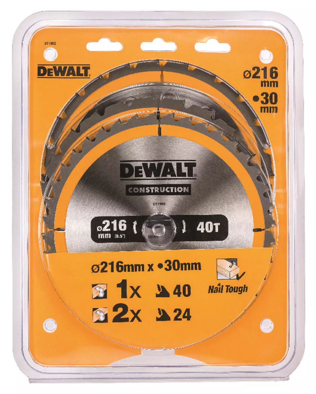 DeWALT DT1962 3-delige Construction Cirkelzaagbladen set - 216 x 30 x 24T / 40T - Hout (Met nagels)-image