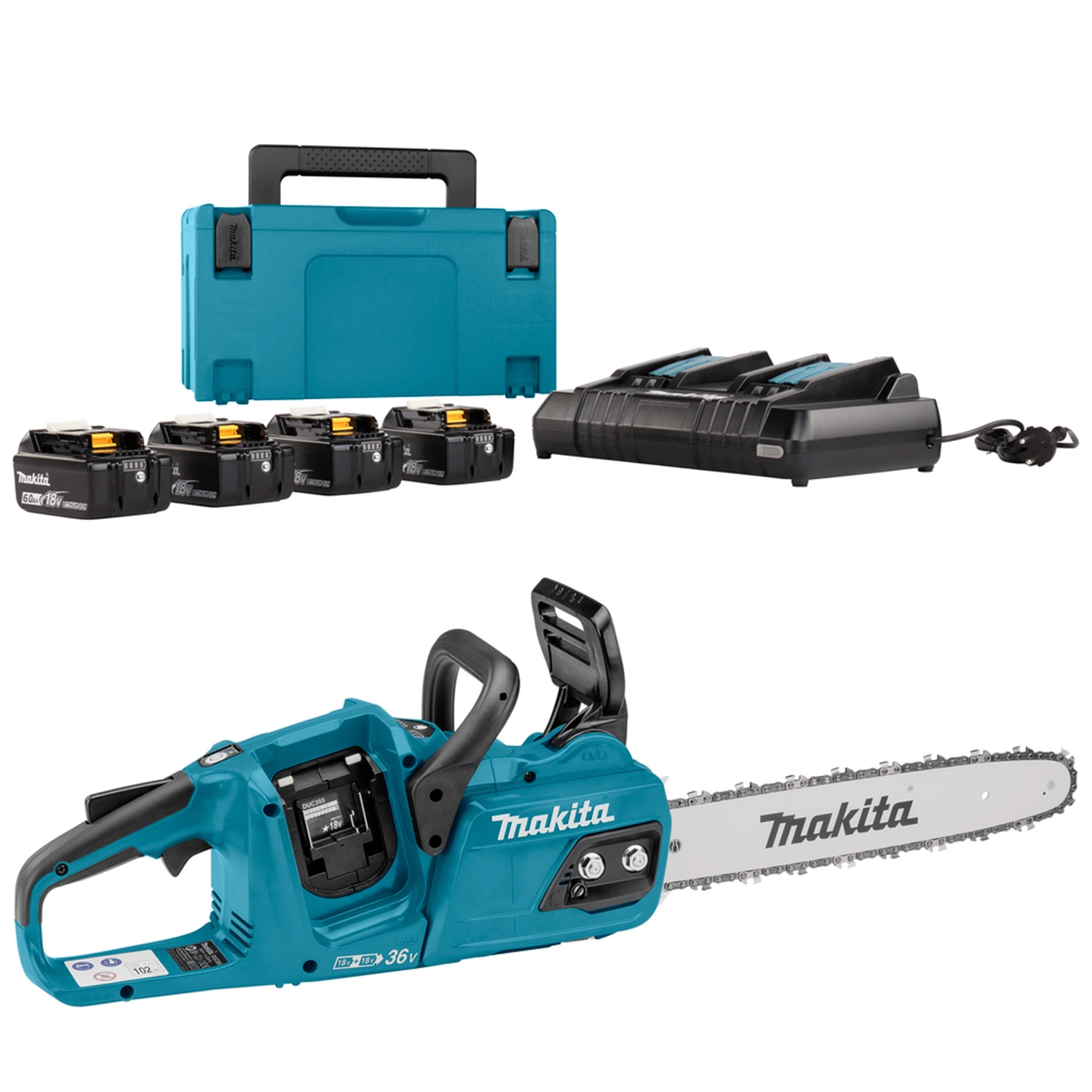 Makita DUC355PG4J Tronçonneuse sans-fil - 2 x 18V Li-ion - 4 batteries 6,0 ah - Mbox - 35 cm - Brushless-image