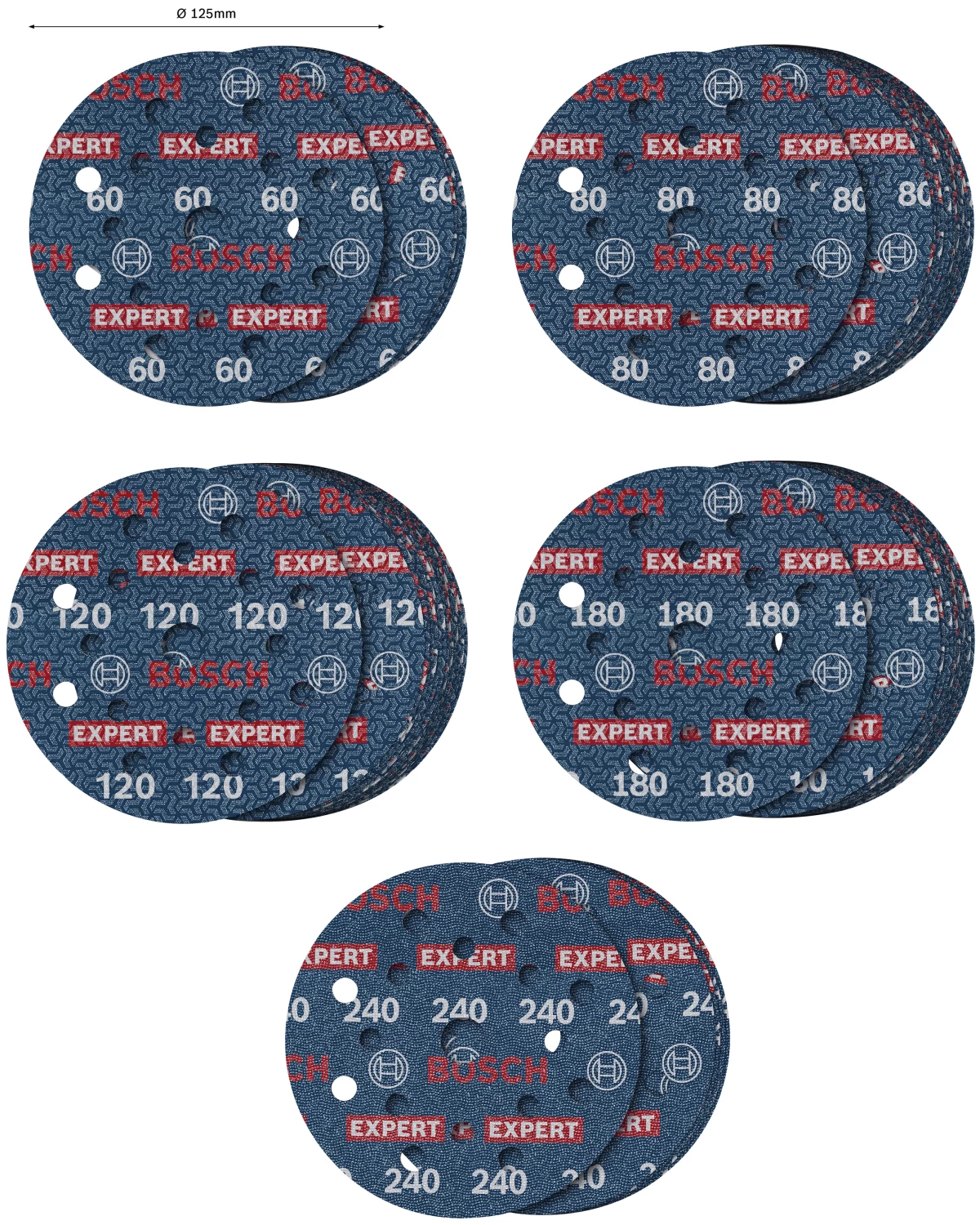 Bosch 2608902429 EXPERT Jeu de 55 disques abrasifs O780 avec support film - 125 mm - 5xK60/15xK80/15xK120/15xK180/5xK240-image