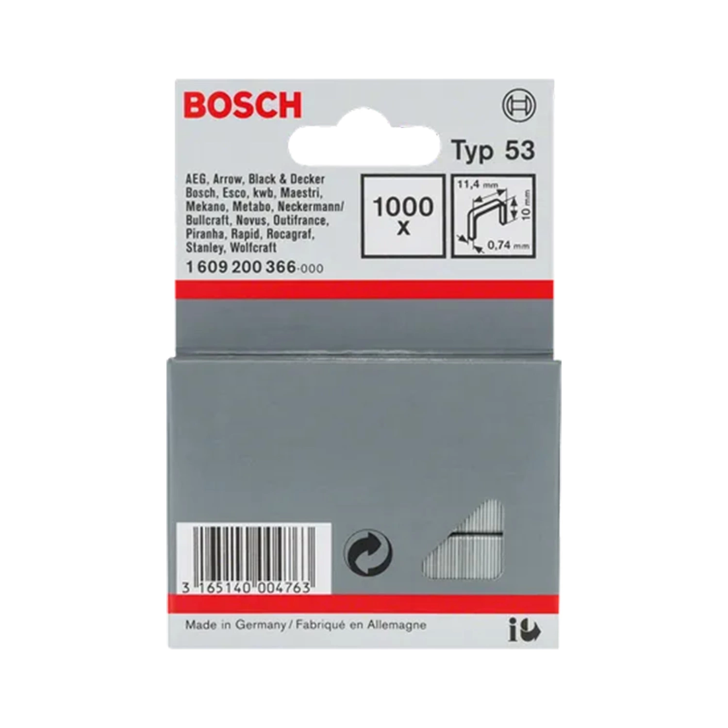 Bosch 1609200366 - Agrafe à fil fin de type 53- 11,4 x 0,74 x 10 mm 1000x