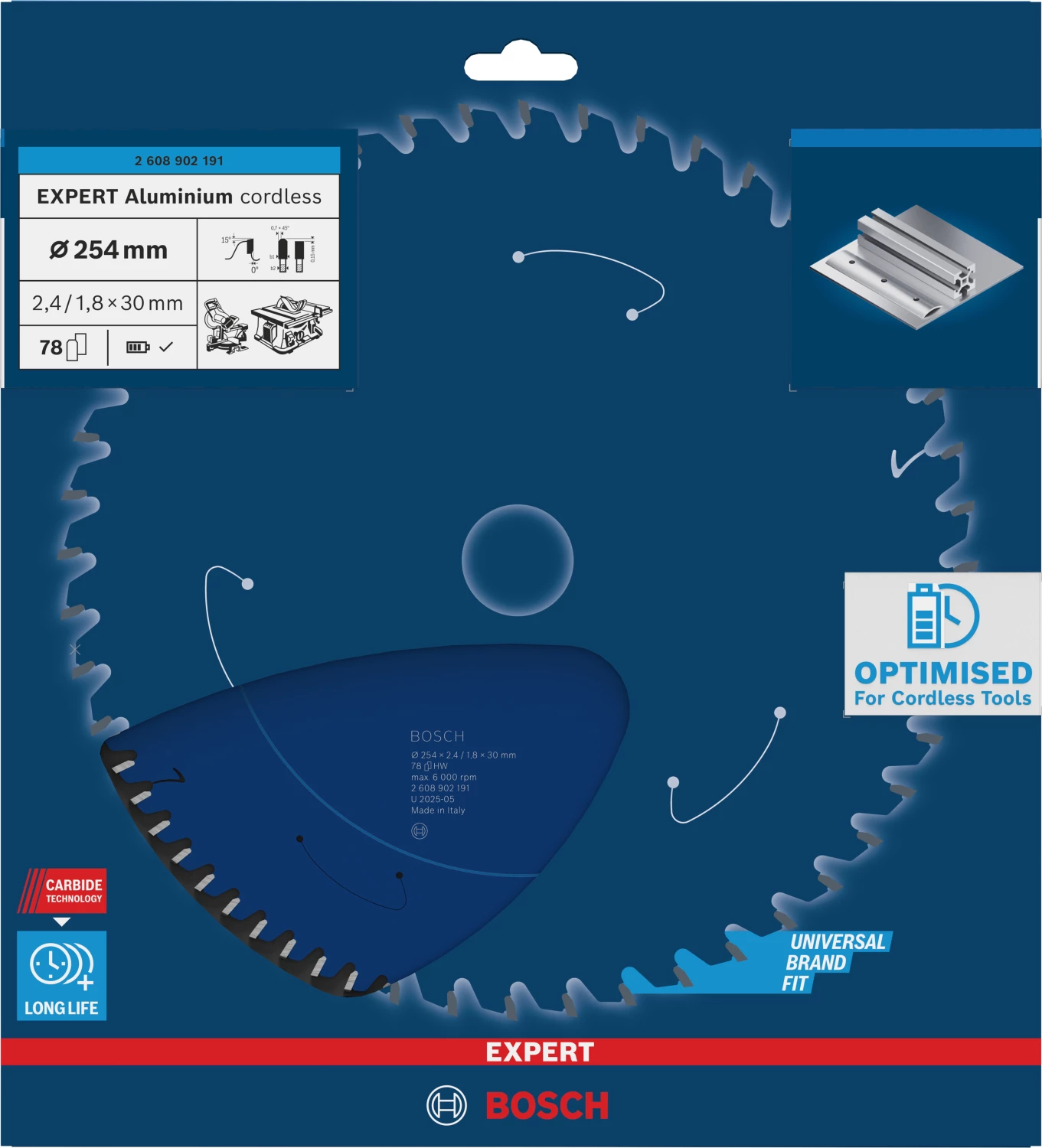 Bosch 2608902191 Lame de scie à tronçonner sans fil EXPERT pour l'aluminium - 254 x 30 x 78 dents-image