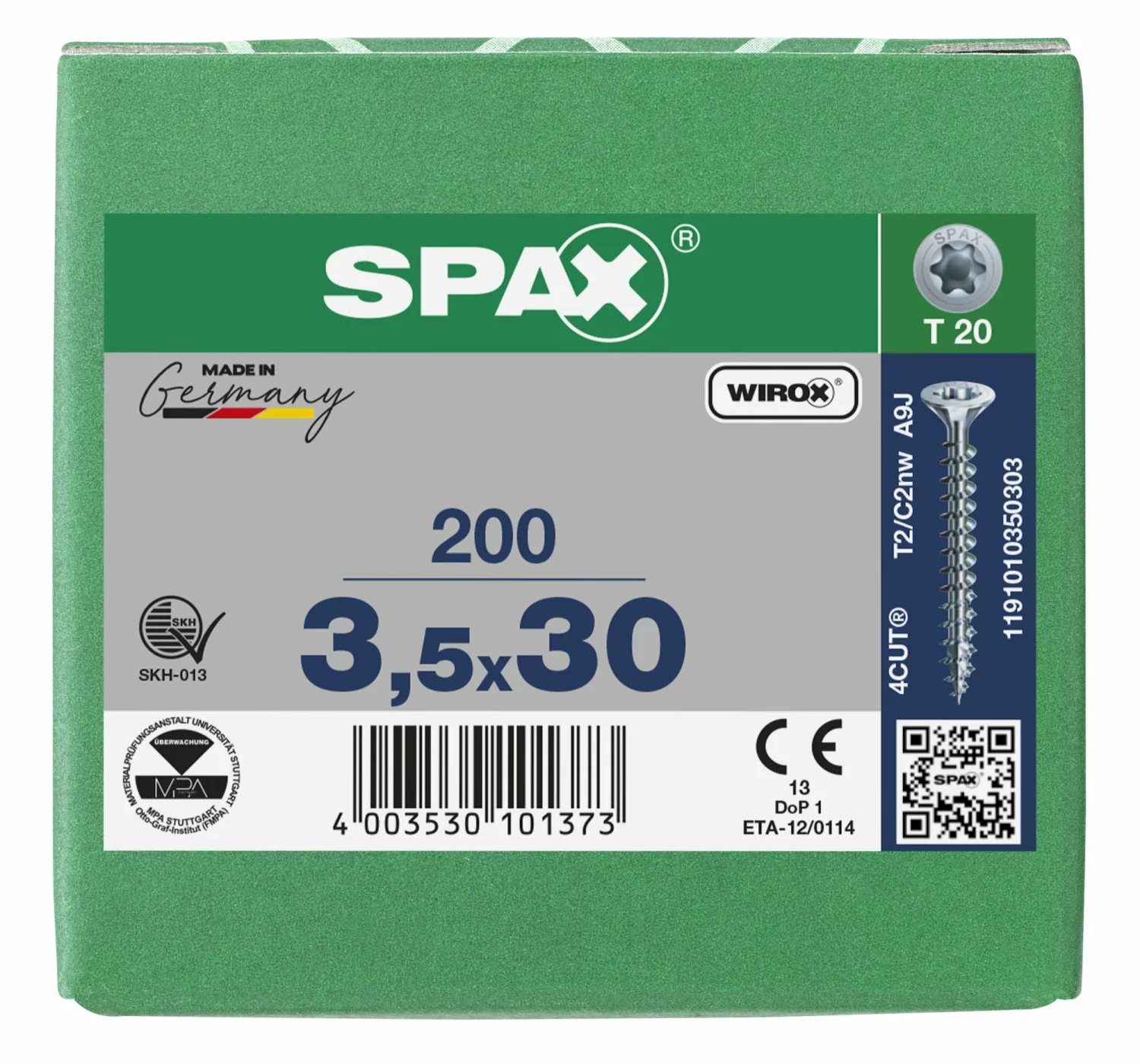 SPAX 1191010350303 - Vis universelle, 3,5 x 30 mm, 200 pièces, Tête centrante, Tête fraisée, T-STAR plus T20, 4CUT, WIROX