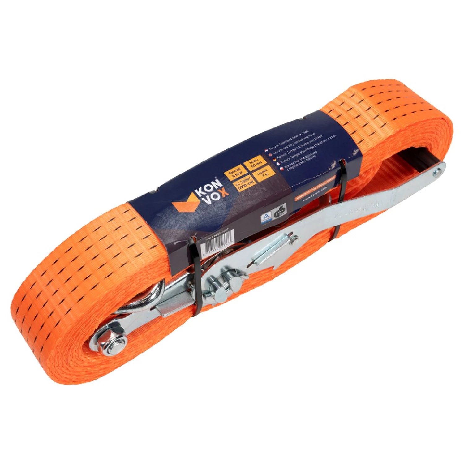 Konvox LAZE1450-0007 Spanband met ratelgesp en J-haak HD - 7m x 50mm - 5000 daN - Oranje-image