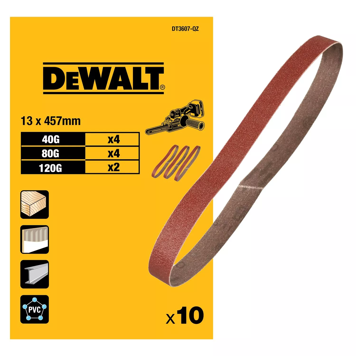 DeWALT DT3607 Kit de bandes abrasives - K40/80/120 - 13 x 455 mm - 10 pièces-image