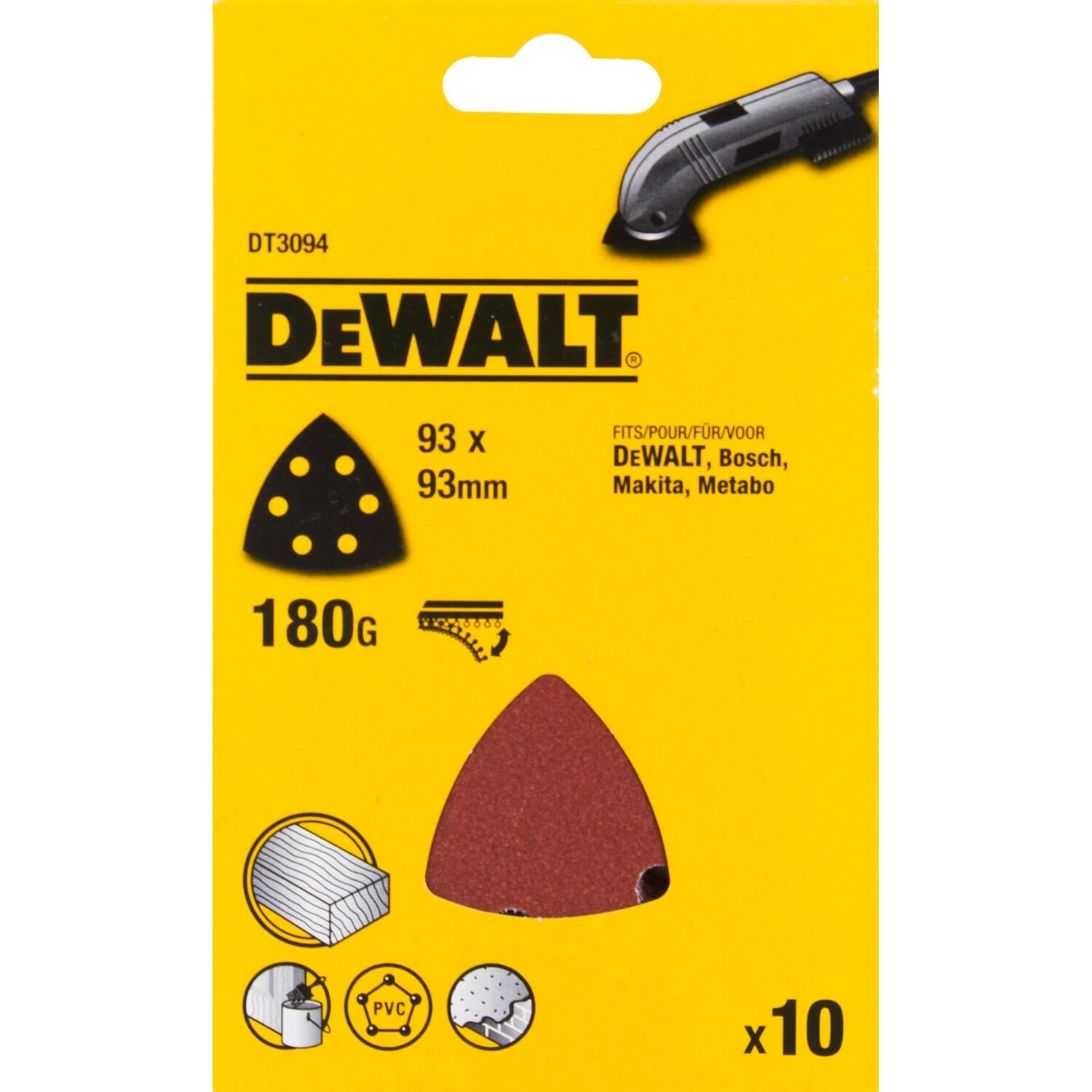 DeWALT DT3094 Deltaschuurpapier - K180 - 93x93mm - 6 gaten - 10st