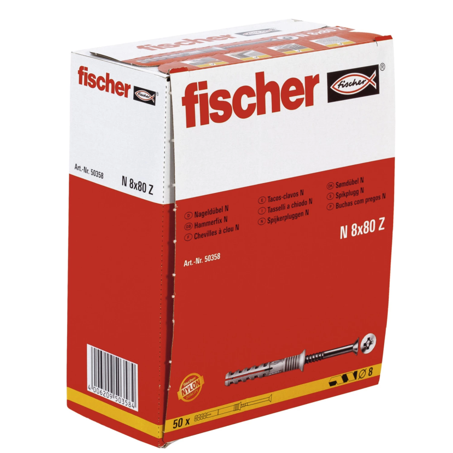 Fischer 50358 - Cheville à frapper N 8 x 80/40 S à collerette fraisée et clou en acier électrozingué (50pcs) N 8 x 80/40 S (50)-image