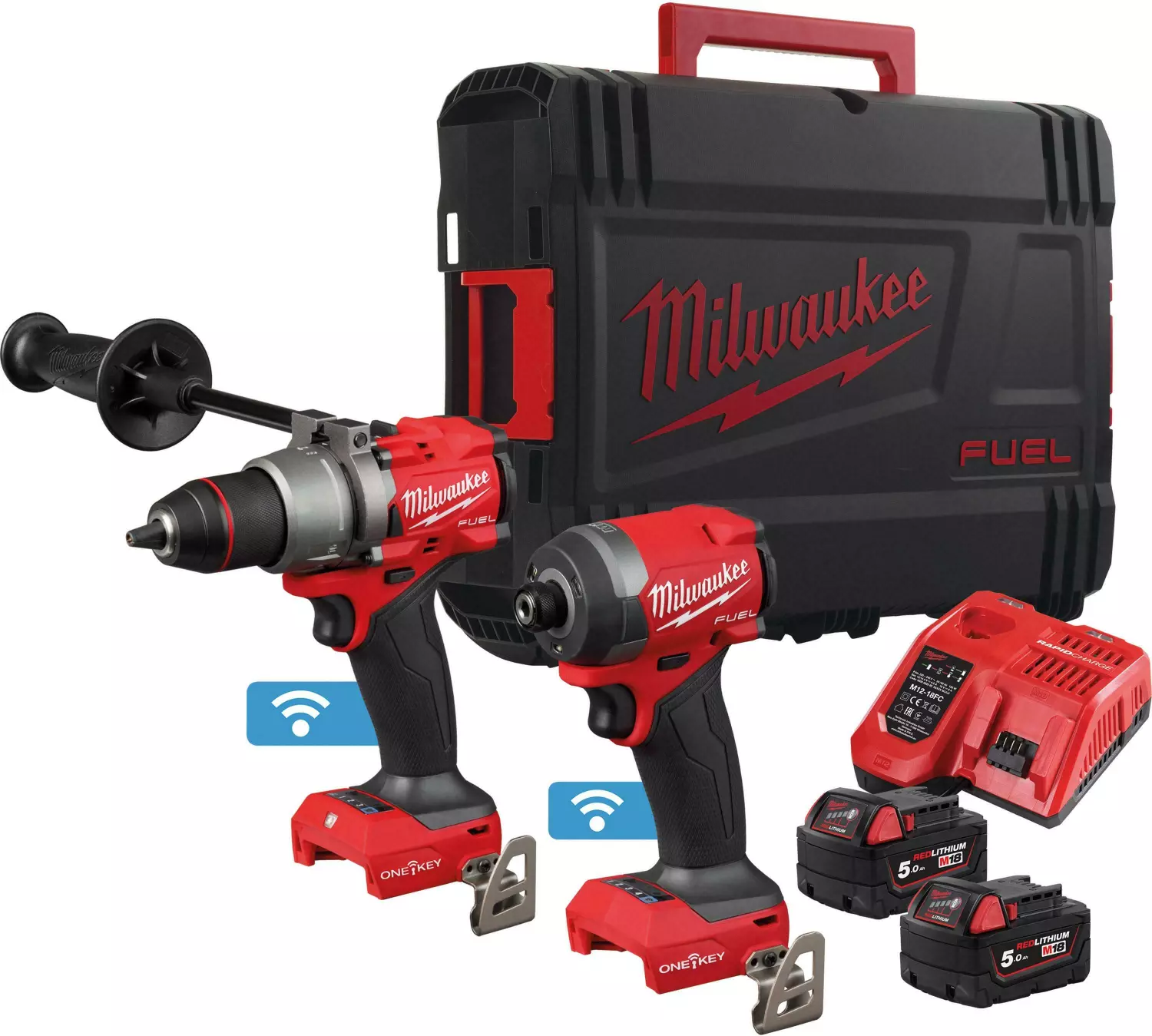 Milwaukee M18 ONEPP2A3-502X 18V Li-ion accu klopboor-/schroefmachine (M18 ONEPD3) & slagschroevendraaier (M18 ONEID3) Combiset (2x 5.0 Ah accu) in HD Box-image