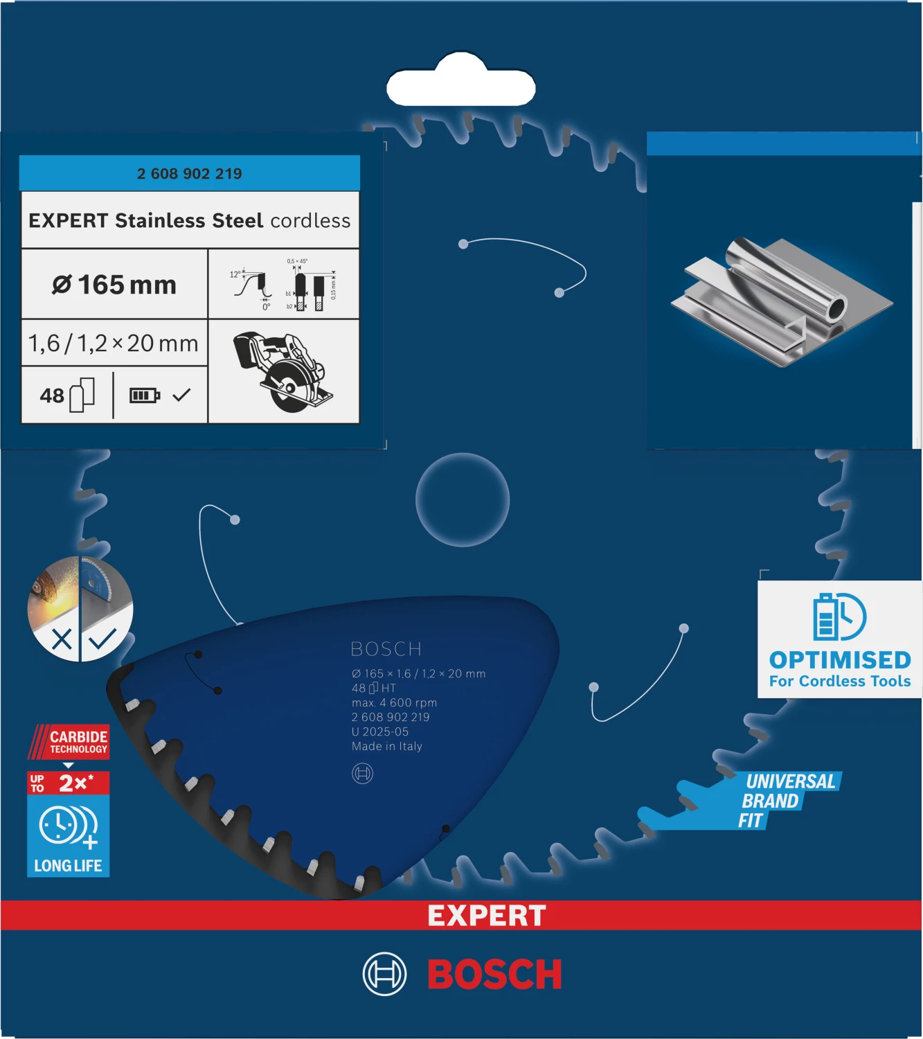 Bosch 2608902219 EXPERT cirkelzaagblad - 165 x 20 x 48T - RVS - Cordless-image