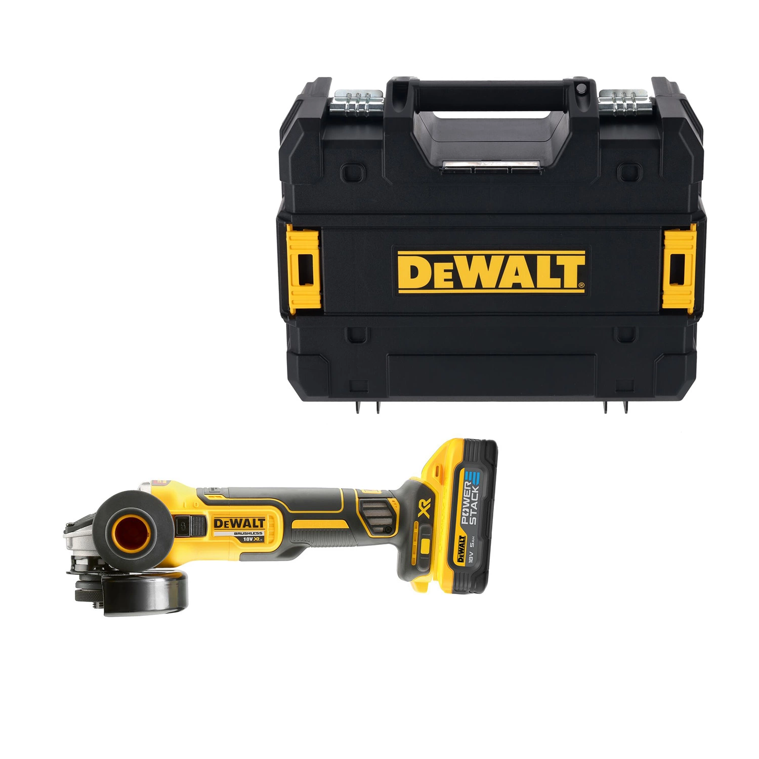 DeWALT DCG405H2T 18V Li-ion accu haakse slijper set (2x 5.0Ah POWERSTACK accu) in TSTAK - 125mm - koolborstelloos