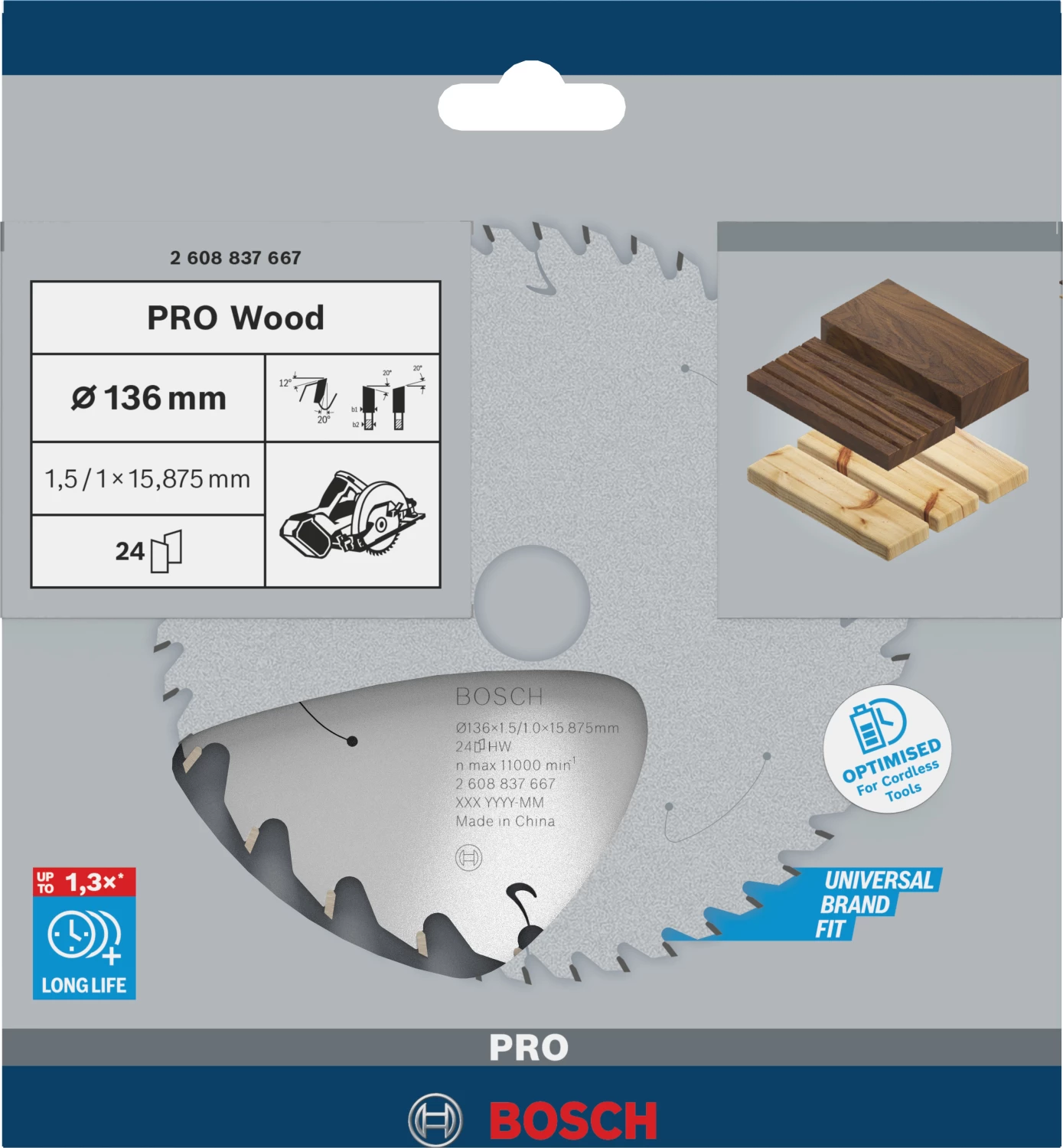 Bosch 2608837667 PRO accu cirkelzaagblad voor Hout - 136 x 15,87 x 24T
