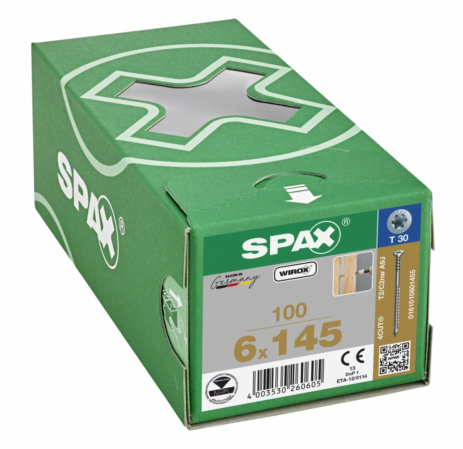 SPAX 161010601455 - Vis de réglage, 6 x 145mm, 100 pièces, tête plate, T-STAR plus T30, rainures de retenue, 4CUT, WIROX --image