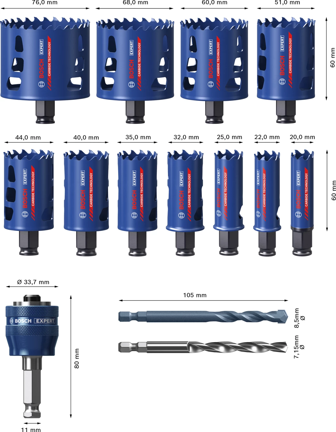 Bosch 2608901909 EXPERT Jeu de 14 forets Power-Change Tough Material universel 20/22/25/32/35/40/44/51/60/68/76-image