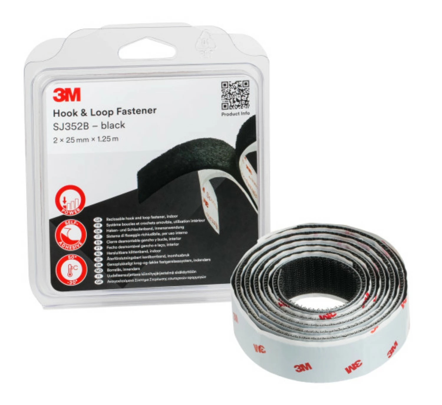 3M SJ352B Hersluitbare Lus en Haak Klittenband Zwart - 25mm x 1.25 m x 4.4mm-image