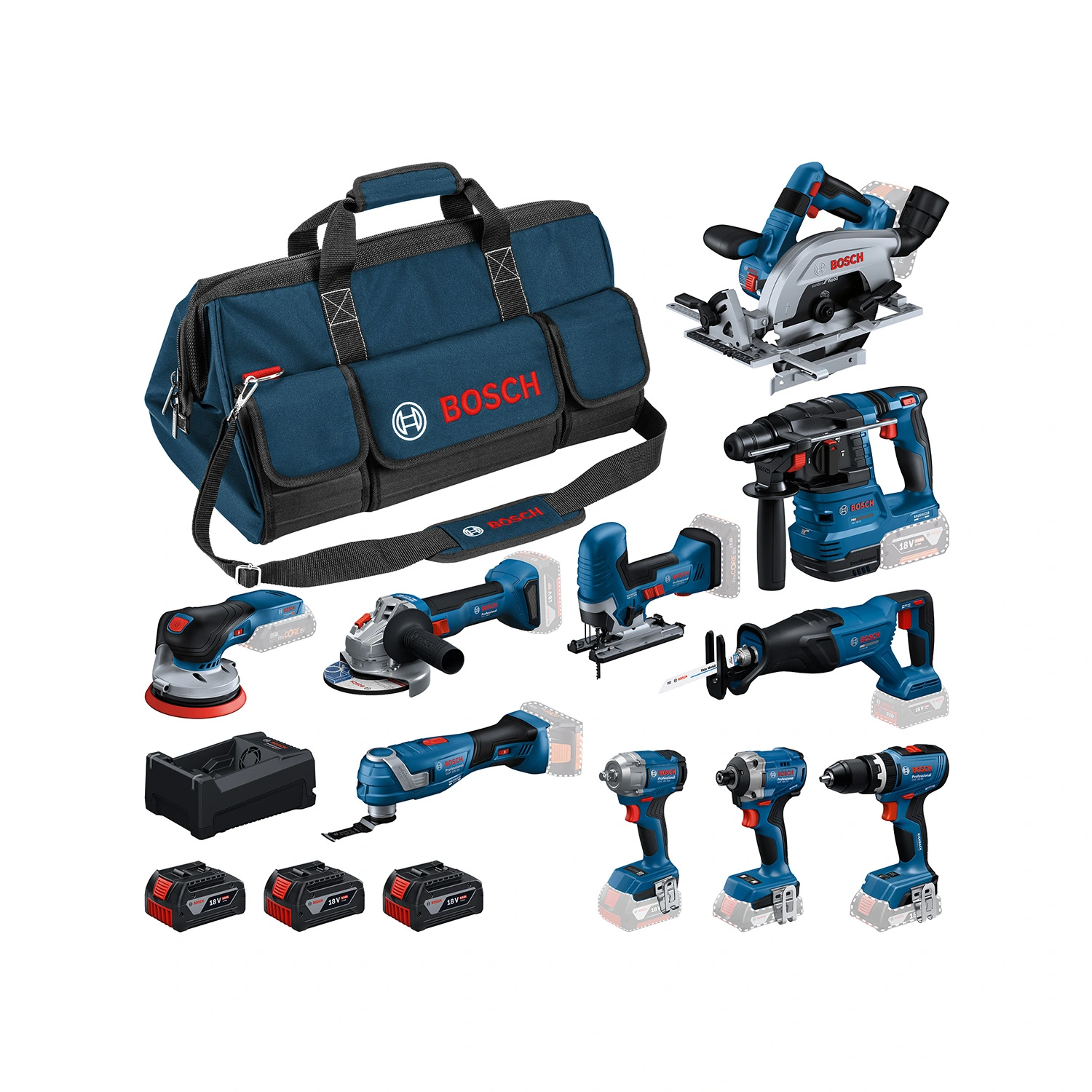 Bosch 0615A500EH 10-delige combiset (3x 5.0Ah) in tas
