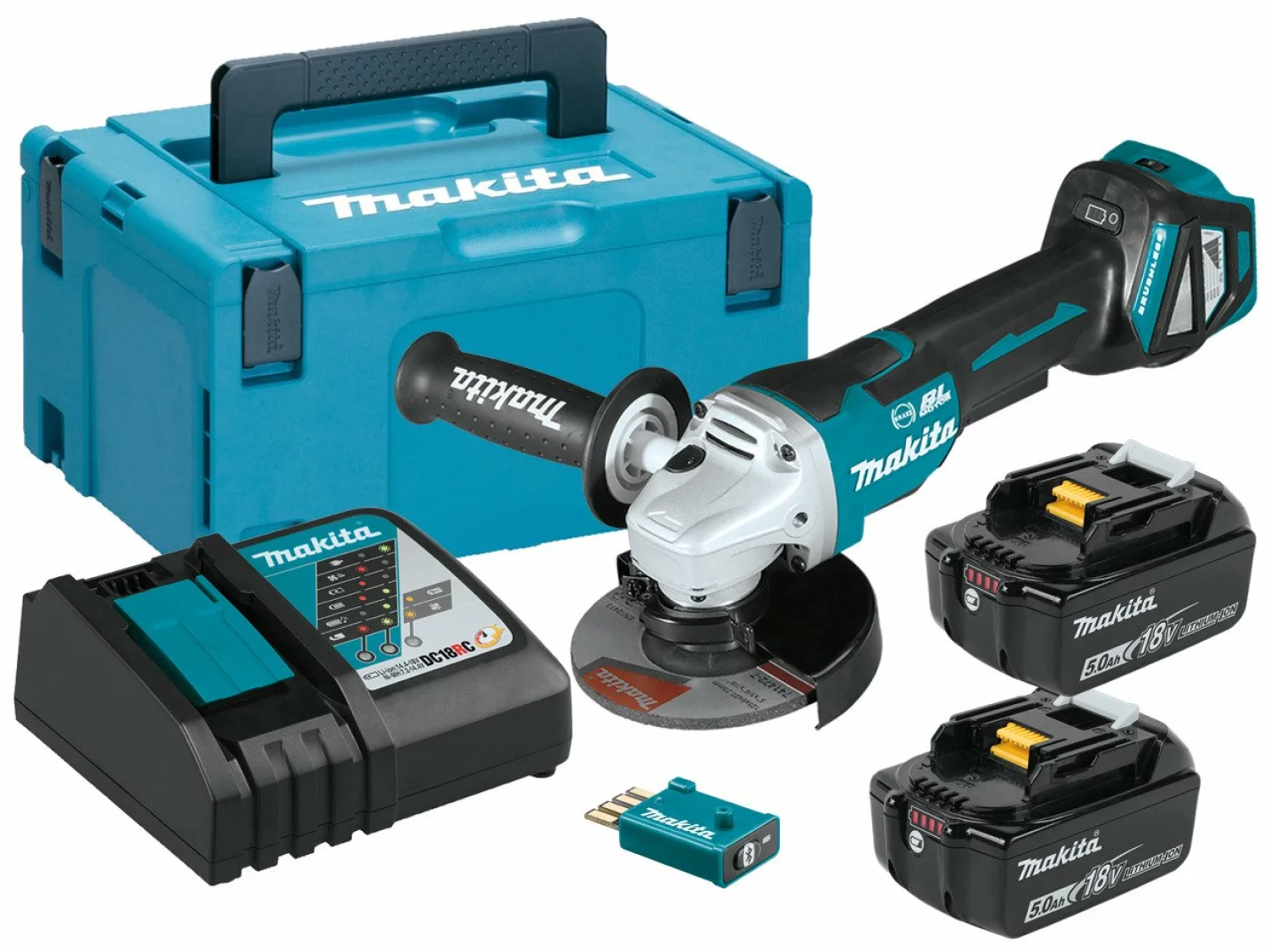 Makita DGA518RTJU 18V Li-Ion Accu AWS haakse slijper set (2x 5.0Ah accu) in Mbox - 125mm - koolborstelloos-image